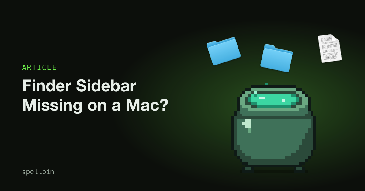 Folders and a text file tumbling into a verdigris cauldron beside the title Finder sidebar missing on a Mac