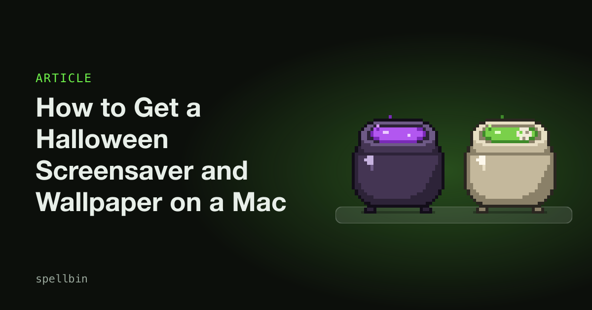 Witchfire and Bone pixel-art cauldrons beside the title How to Get a Halloween Screensaver and Wallpaper on a Mac