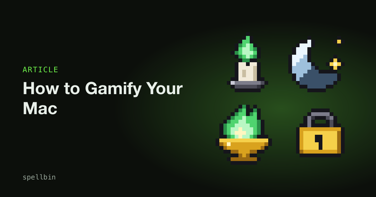 Pixel-art Spellbin cauldron in the Dock with an achievement badge and streak counter, showing how to gamify your Mac