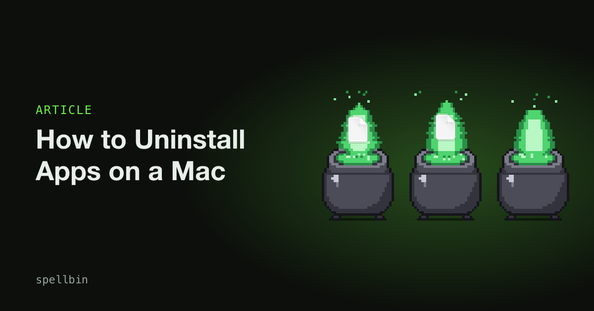 Three pixel-art cauldrons burning a file away beside the title How to uninstall apps on a Mac