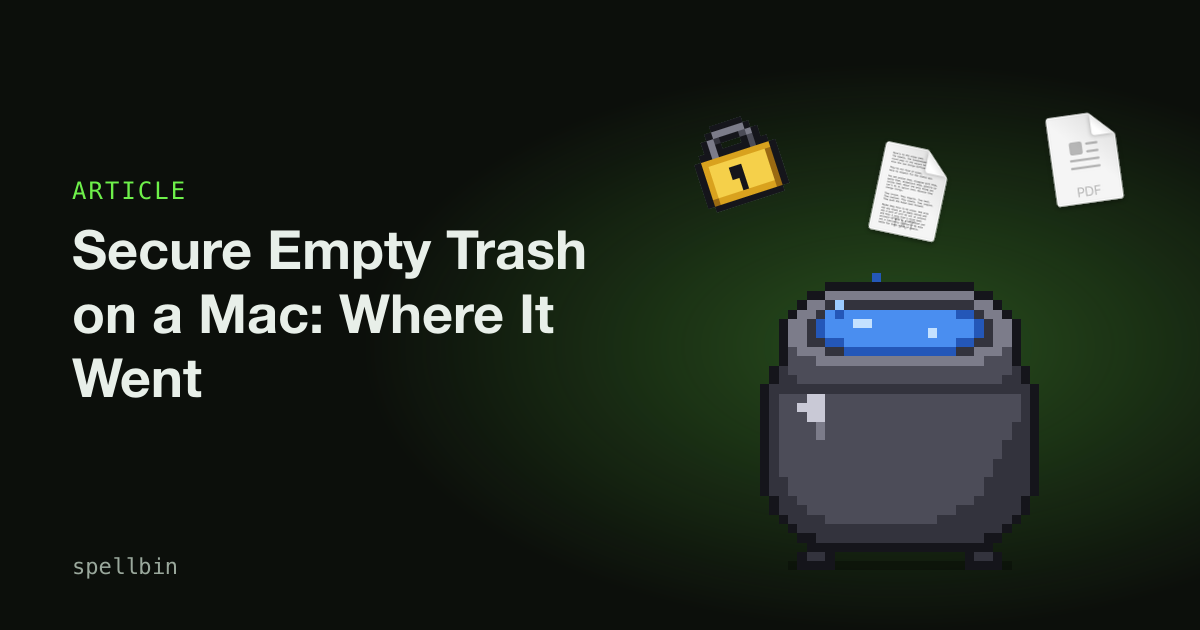 A pixel-art cauldron with a padlock and files tumbling in, beside the title Secure Empty Trash on a Mac