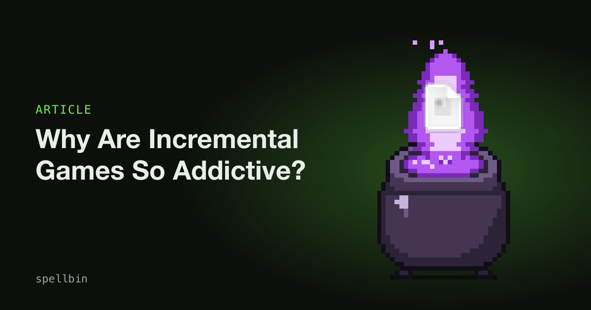 Pixel-art Spellbin cauldron with a rising counter of burnt files, illustrating why incremental games are so addictive