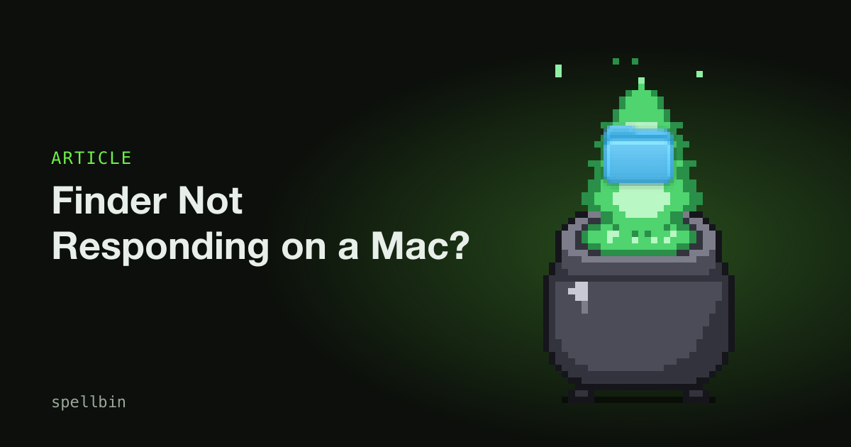 A cauldron burning a folder icon in a green flame beside the title Finder not responding on a Mac