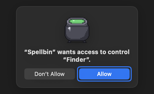 The macOS prompt asking to let Spellbin control Finder, with Allow highlighted