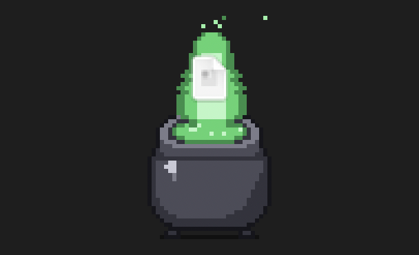 The Spellbin cauldron burning a file in a green flame